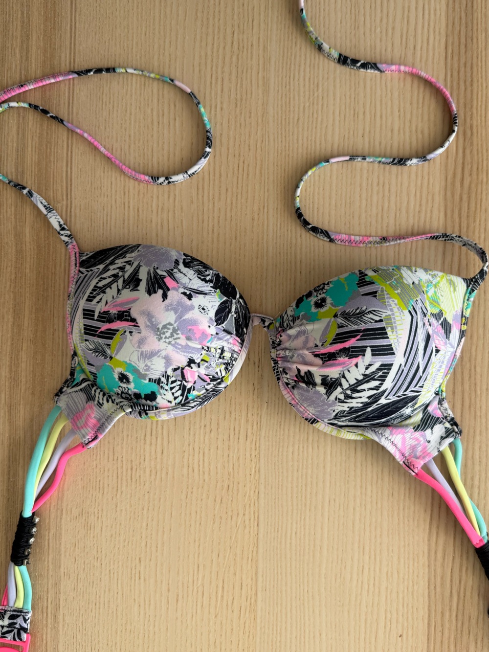 Victoria’s Secret Bombshell Push-Up Bikini Top Tropical Floral Neon Swim 34B